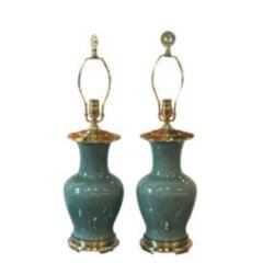 Vintage Pair Green Cracked Porcelain Table Lamps Brass Newly Wired Chinoiserie