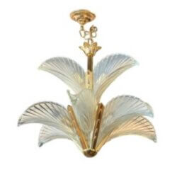 SOLD Vintage French Art Deco Frosted Glass Bronze Palm Tree Leaf Feather Chandelier