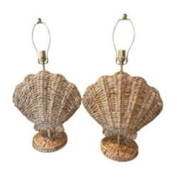 Pair of Woven Grass Scalloped Clam Shell Seashell Beach Table Lamps Newly Wired