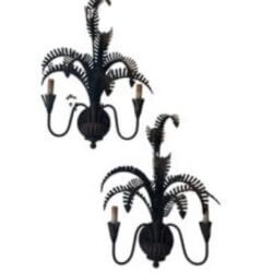 SOLD Vintage Pair Palm Tree Frond Leaf Wall Light Sconces Metal Tole Tropical Coastal