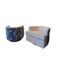 Vintage Pair Swivel Chairs Seagrass Base Blue & White Palm Beach New Upholstery