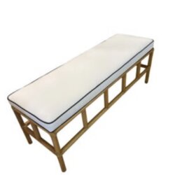 SOLD Vintage Palm Beach Rattan Bench Newly Upholstered Navy Blue & White