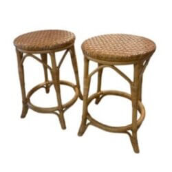 Vintage Pair Palm Beach Coastal Rattan Woven Stools Benches