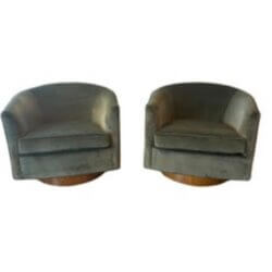 Vintage Pair Milo Baughman for Thayer Coggin Walnut & Green Velvet Swivel Chairs