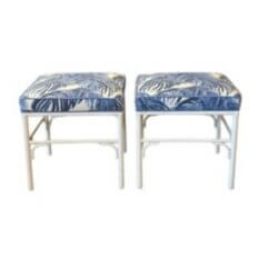 SOLD Vintage Pair Faux Bamboo Metal Benches Ottomans Stools Blue & White Palms