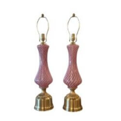 Vintage Pair Dino Martens Murano Pink Swirl Glass & Brass Table Lamps Restored