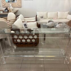 Vintage Modern Peg Lucite Console Table Two Tier New Glass Tops