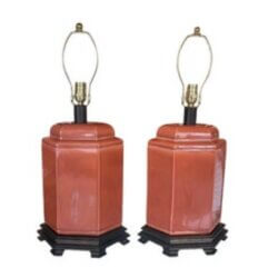 Vintage Pair of Orange Chinoiserie Ceramic Table Lamps Newly Wired